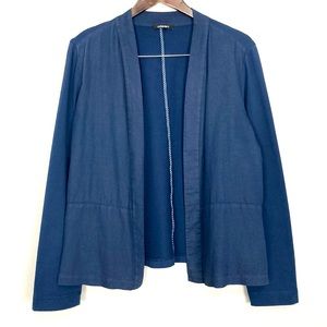 Olsen Woven Open Front Cardigan Women’s Size L Lagenlook Relaxed Fit Cotton Navy